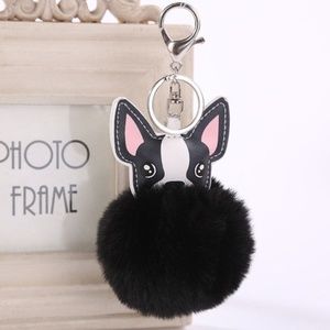 SOLD! FRENCH BULLDOG BLACK FAUX FUR BALL KEY RING